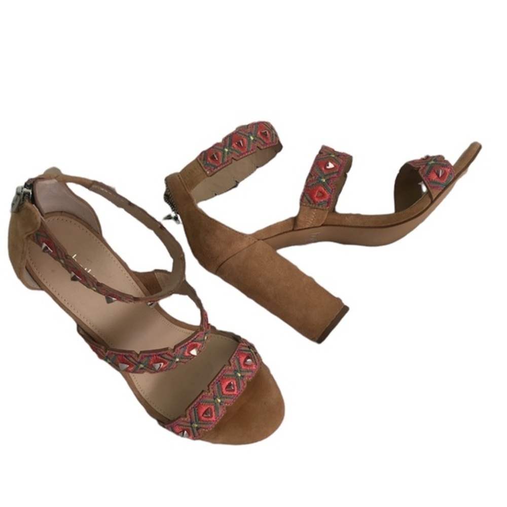 BOTKIER GIGI BOHO PINK EMBROIDERED CHUNKY BLOCK ANKLE STRAP STUDDED HEELS 7 - Picture 7 of 9